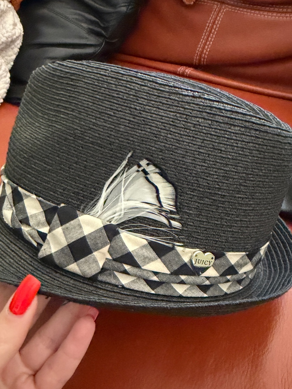 Juicy Couture Black Fedora with Black-and-White Checked Band